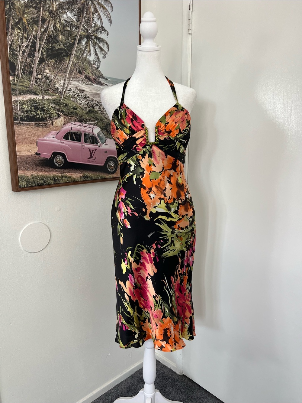 Caché 100% Silk Floral Halter Dress